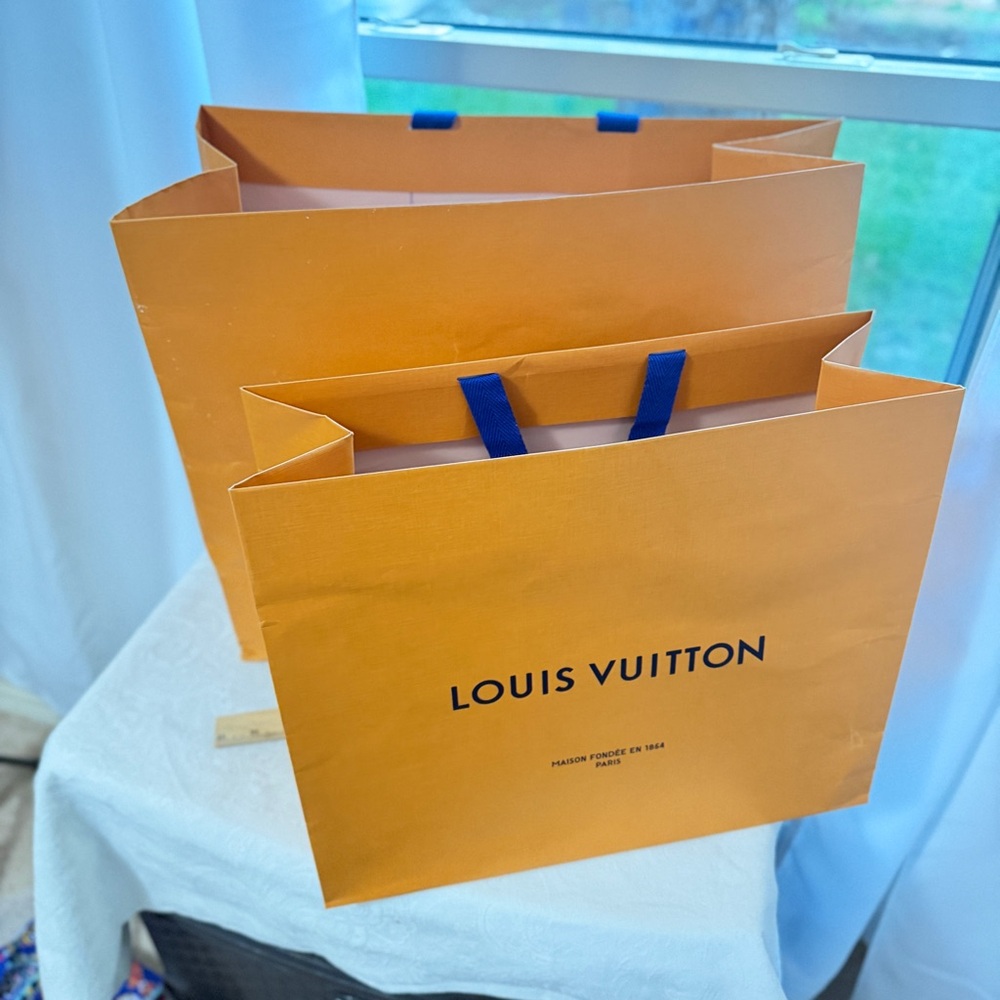 Louis Vuitton Orange Shopping Bags with Blue Ribbon Handles